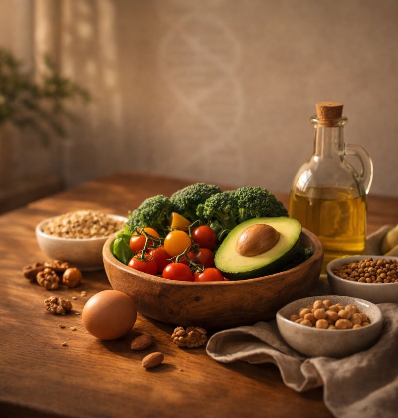 Alimentos reales que representan la nutrigenética y la nutrición personalizada basada en la genética y el estilo de vida