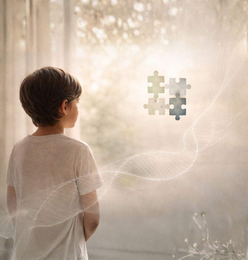 Niño observando piezas de rompecabezas con representación visual de ADN, simbolizando el rol de la genética en el diagnóstico del autismo.